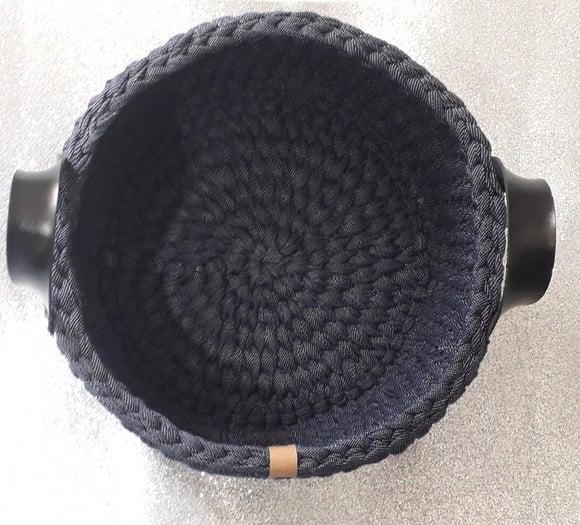 Cesto Organizador Jeans com Alça de Crochê em Fio de Malha