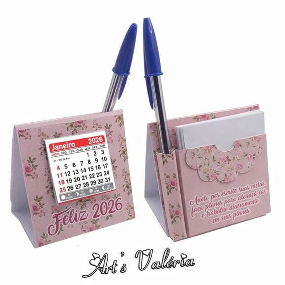 Mini Calendário de Mesa com Bloquinho e Caneta