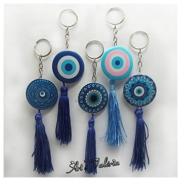 Chaveiro Bóton com Franja Olho Grego ou Mandala