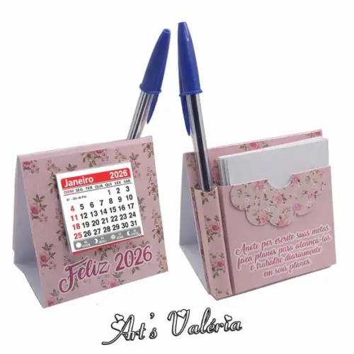 Mini Calendário de Mesa com Bloquinho e Caneta