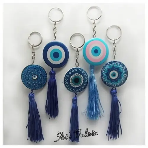 Chaveiro Bóton com Franja Olho Grego ou Mandala