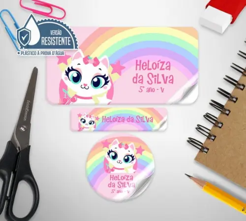Etiqueta escolar Gatinha Arco Íris 120 unid