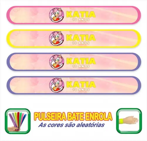 Pulseira Bate Enrola Personalizada Sonic Rosa Mod01