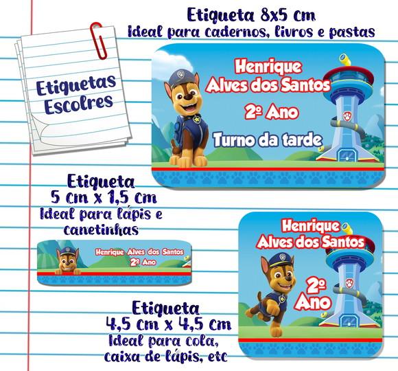 Kit com 100 Etiquetas Escolares Chase Patrulha Canina