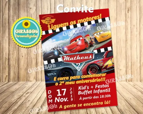 Convite de Aniversário Carros 10 x 7 cm