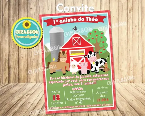 Convite de Aniversário Fazendinha 10 x 7 cm