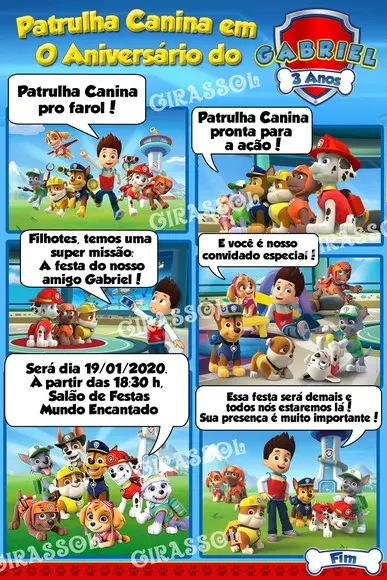 Convite Digital em quadrinhos Patrulha Canina