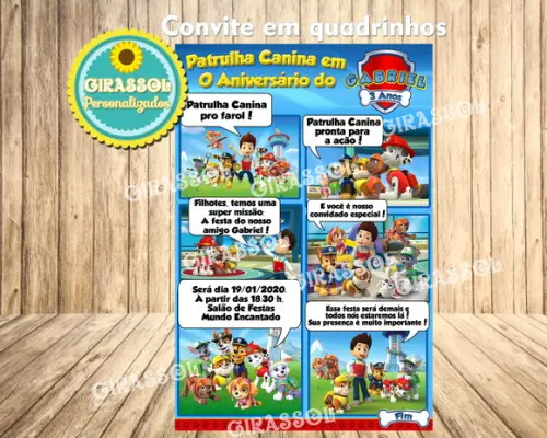 Convite em quadrinhos Patrulha Canina
