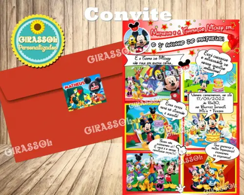 Convite Turma do Mickey 10 x 14 cm