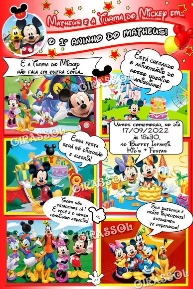 Convite Turma do Mickey 10 x 14 cm