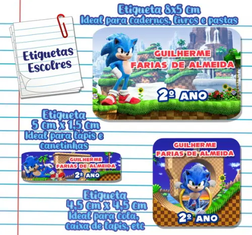 Kit com 100 Etiquetas Escolares do Sonic