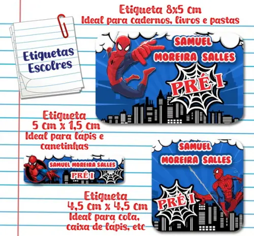 Kit com 100 Etiquetas Escolares do Homem Aranha