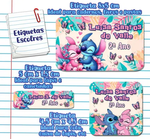 Kit com 100 Etiquetas Escolares Stitch e Angel