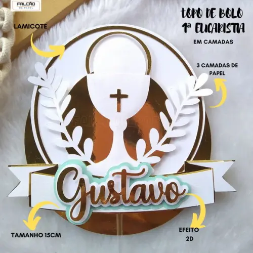 Topo Bolo Primeira Comunhão com Nome Personalizado
