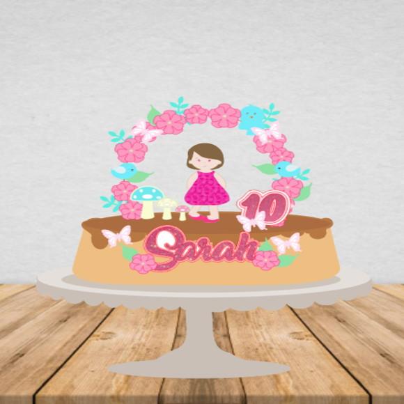 Topo de Bolo Menina e Arco de Flores - Arquivo Digital