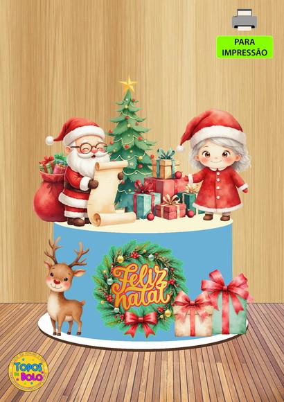 Topo de Bolo Natal Aquarelado Noel e Mamãe Noela