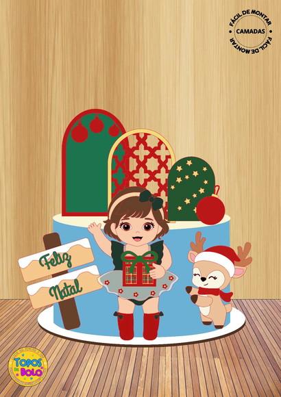 Topo de Bolo Camadas Natal Menina e Rena