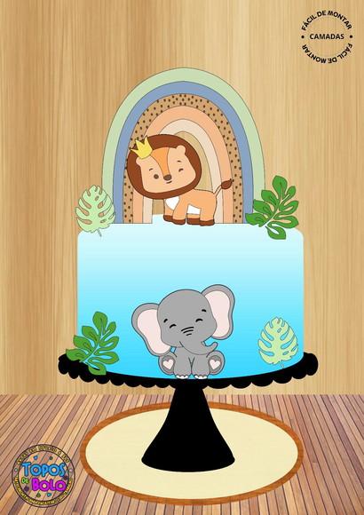 Topo de Bolo Safari Leãozinho e Elefante Camada
