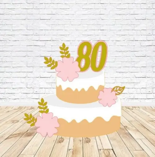Topo de Bolo 80 Anos Flores e Coração - Arquivo Digital