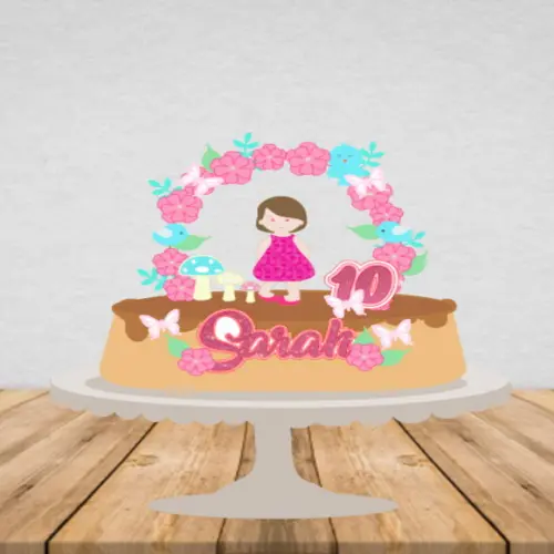 Topo de Bolo Menina e Arco de Flores - Arquivo Digital