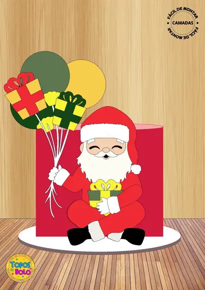 Topo de Bolo Camadas Papai Noel Bexigas