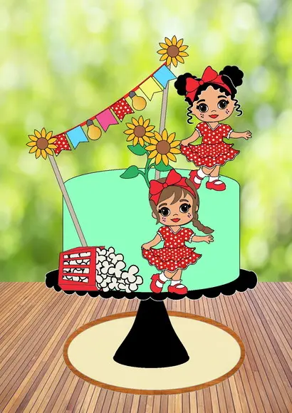 Topo de Bolo Menina com Pipoca - Arquivo Digital