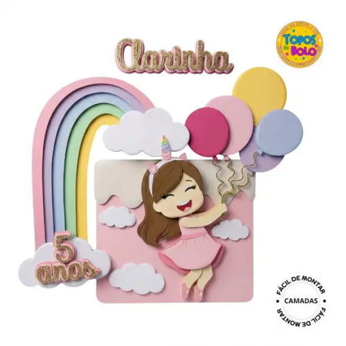Topo de Bolo Menina Balões Arco Iris Unicórnio