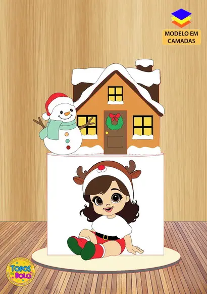 Topo de Bolo Menina e Boneco de Neve Natal