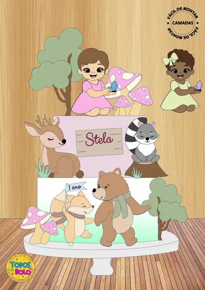 Topo de Bolo Bosque Menina Camadas