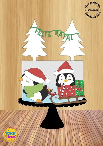 Topo de Bolo Pinguins com Treno