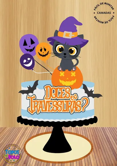 Arquivo de Corte Topo de Bolo Halloween Gatinho
