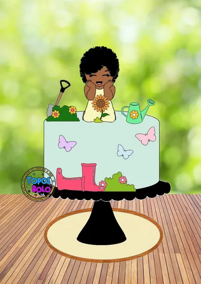 Topo de Bolo Menina Jardinagem- Arquivo Digital