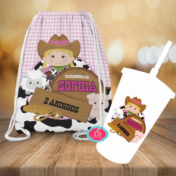 Mochilinha e Copo Twister Fazendinha Rosa