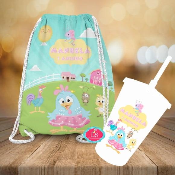 Mochilinha e Copo Twister Galinha Pintadinha