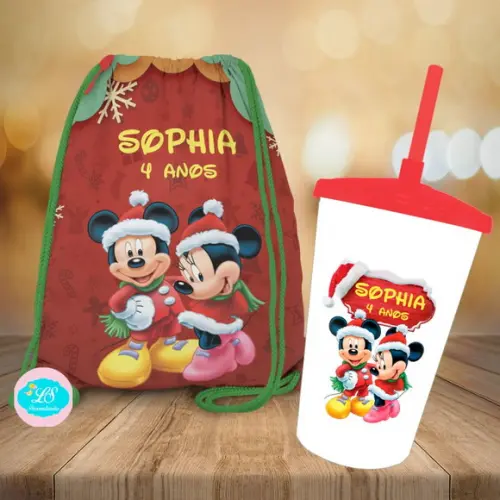 Kit Mochilinha e Copo Twister Mickey Natal