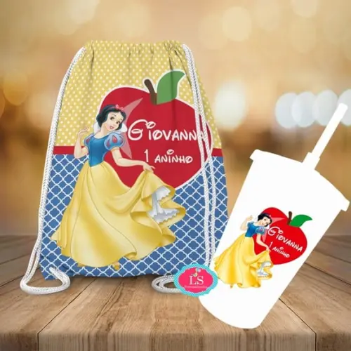 Mochilinha e Copo Twister Branca de Neve