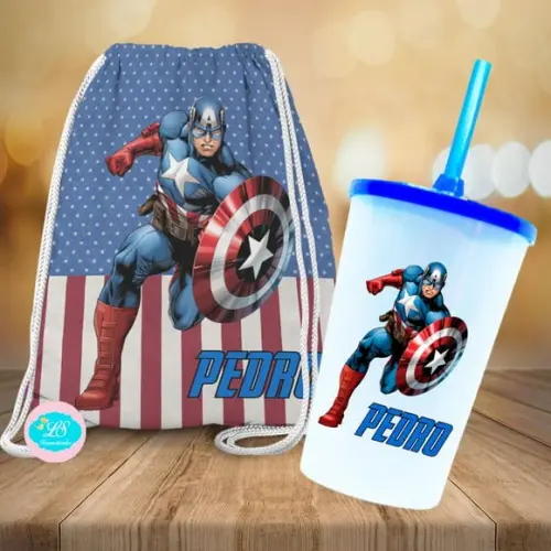 Mochilinha e Copo Twister Capitão America