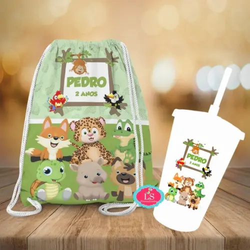 Mochilinha e Copo Twister Fauna Brasileira Animais Safari