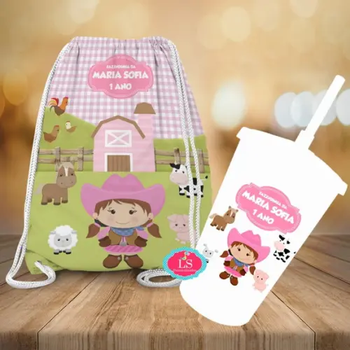 Mochilinha e Copo Twister Fazendinha Rosa