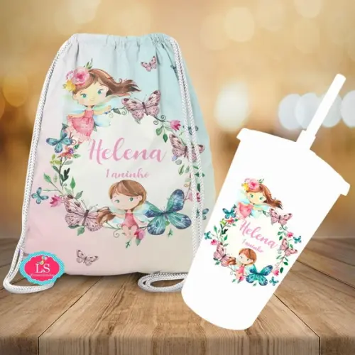 Mochilinha e Copo Twister Jardim das Fadas