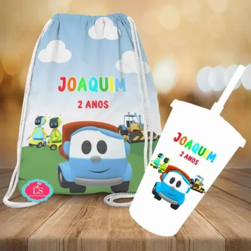 Mochilinha e Copo Twister Leo o Caminhao