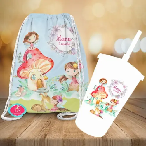 Mochilinha e Copo Twister Jardim das Fadas