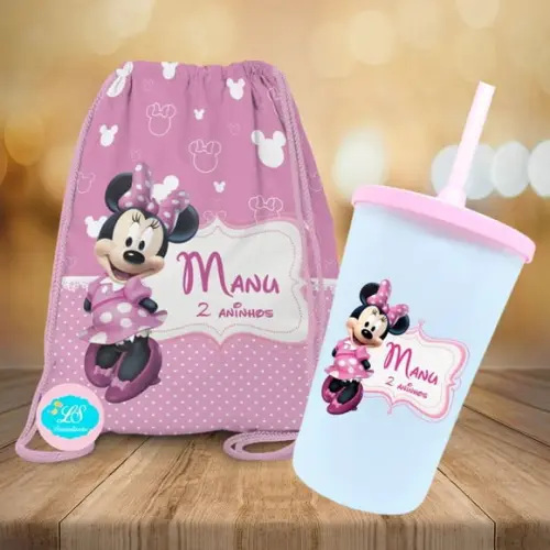 Mochilinha e Copo Twister Minnie Rosa
