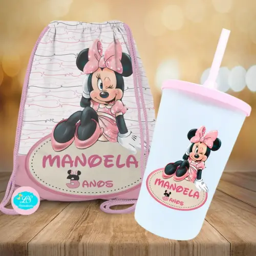 Mochilinha e Copo Twister Minnie Rosa