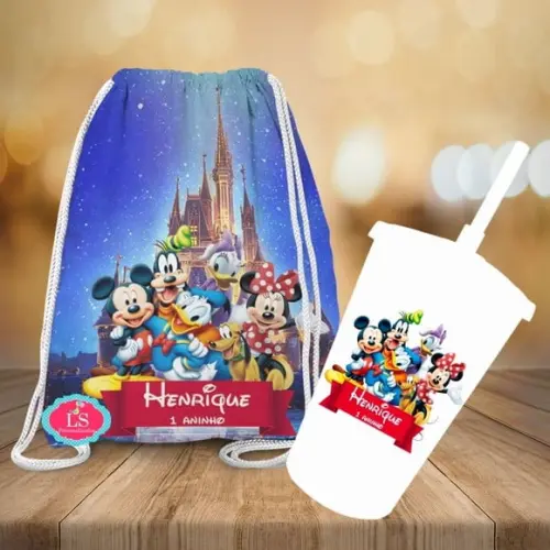 Mochilinha e Copo Twister Turma do Mickey