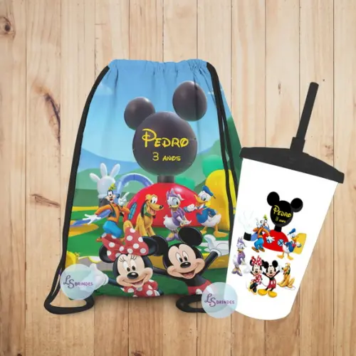 Mochilinha e Copo Twister Turma do Mickey