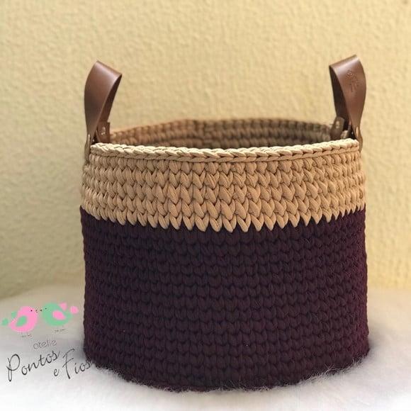 Cesto Fio Malha 30x25 com alça de couro ecológica