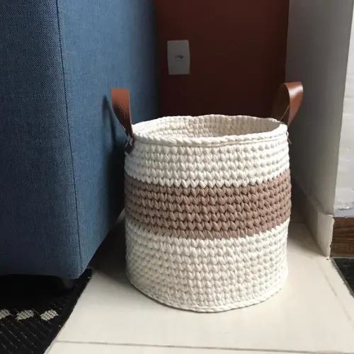 Cesto Fio de Malha 30x30 alça de couro Ecológico