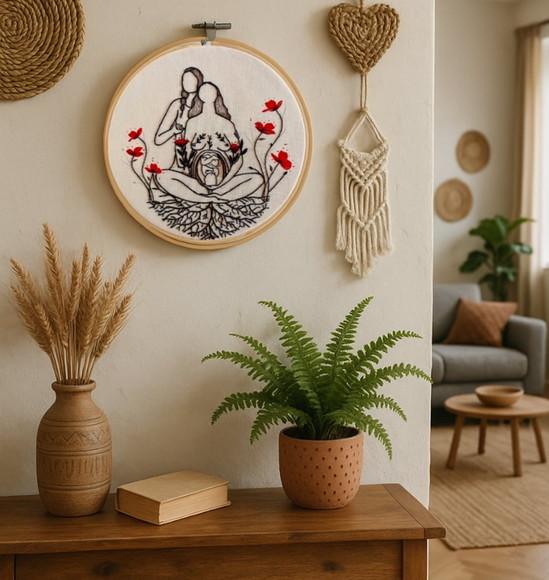 Gestante Doula Aquarela e Bordado à Mão em Bastidor