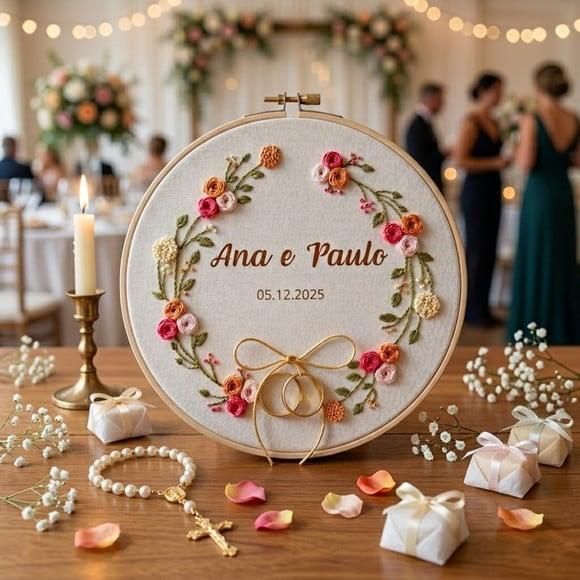 Porta Alianças Floral Bordado Manual Personalizado em Bastidor